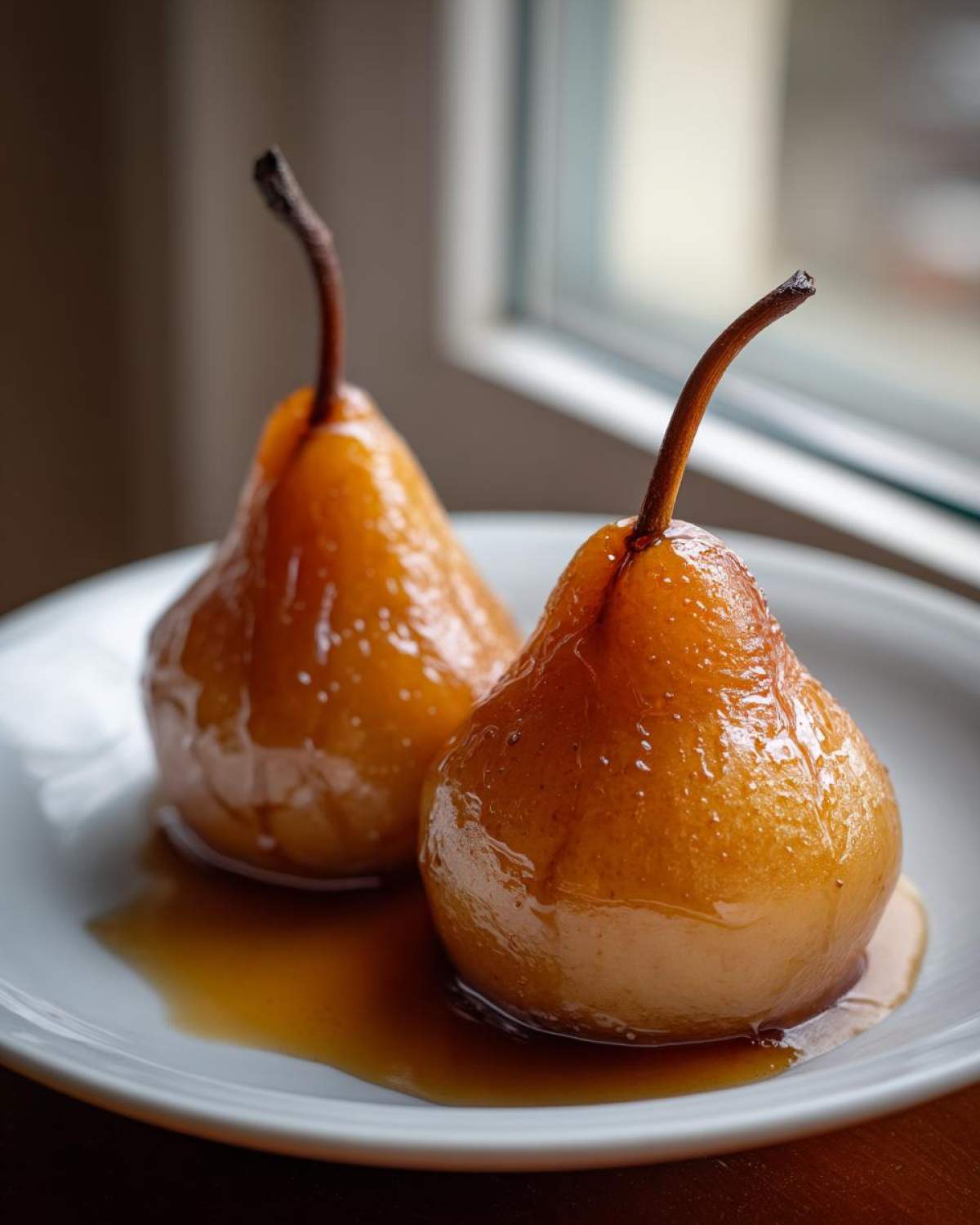 Two beautifully glazed poached pears sitting on a white plate with rich syrup pooling underneath.