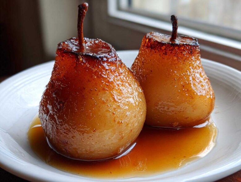 Two glistening, caramelized poached pears sitting in a pool of amber syrup on a white plate.