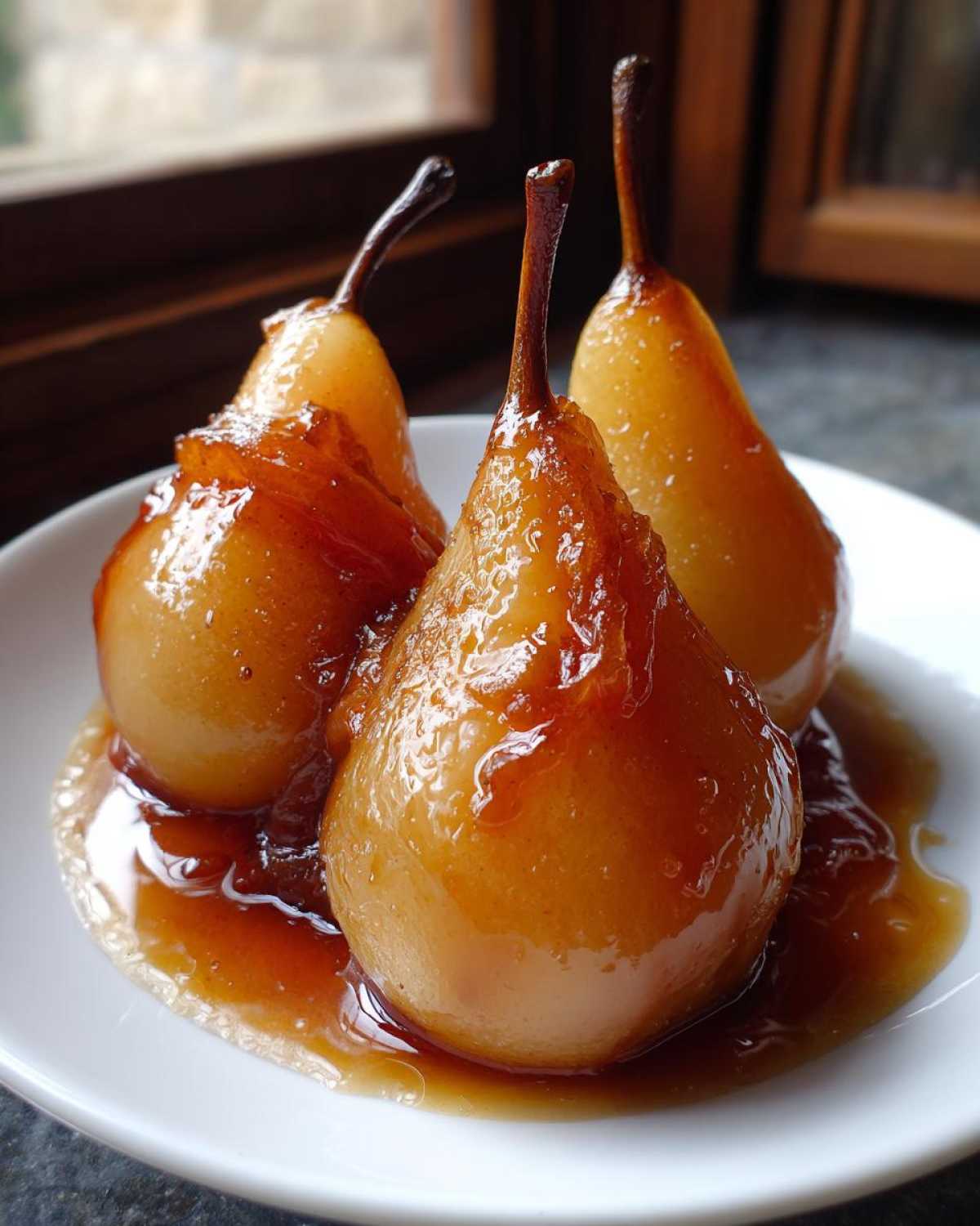 Three beautifully caramelized poached pears sitting in a rich, amber syrup on a white plate.