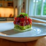 A beautifully plated tower of fresh tuna tartare layered over avocado, garnished with chives, ready to eat.