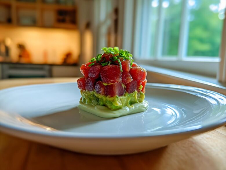 A beautifully plated tower of fresh tuna tartare layered over avocado, garnished with chives, ready to eat.