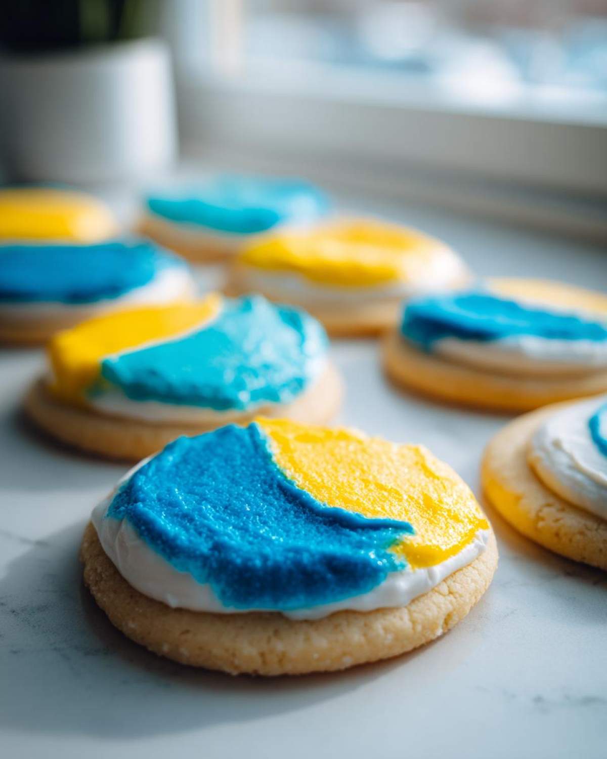 Close-up of sugar cookies topped with white, blue, and yellow sugar cookie icing that hardens.