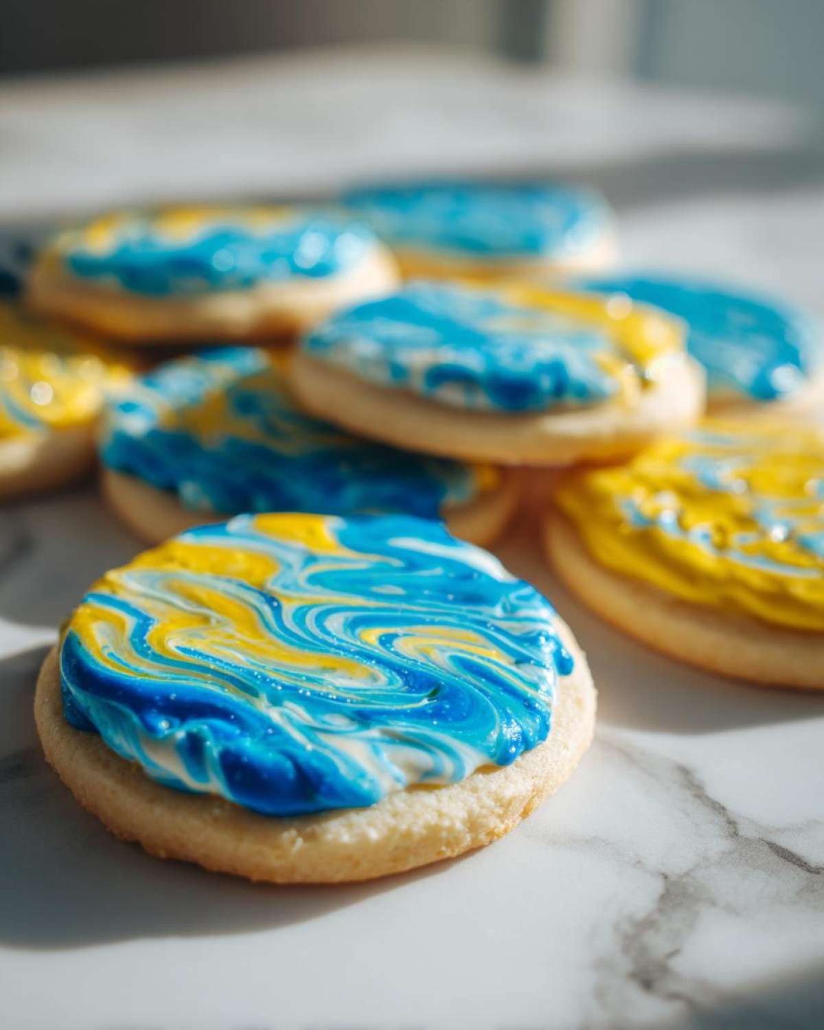 Close-up of a sugar cookie topped with vibrant blue, yellow, and white marbled sugar cookie icing that hardens.