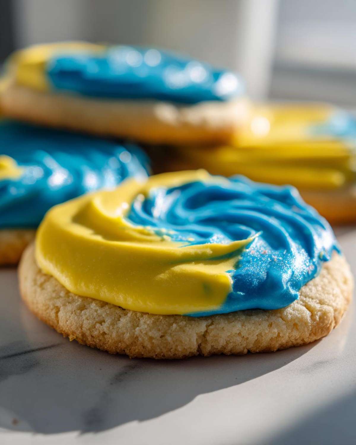 Close-up of a sugar cookie topped with vibrant yellow and blue swirl sugar cookie icing that hardens.