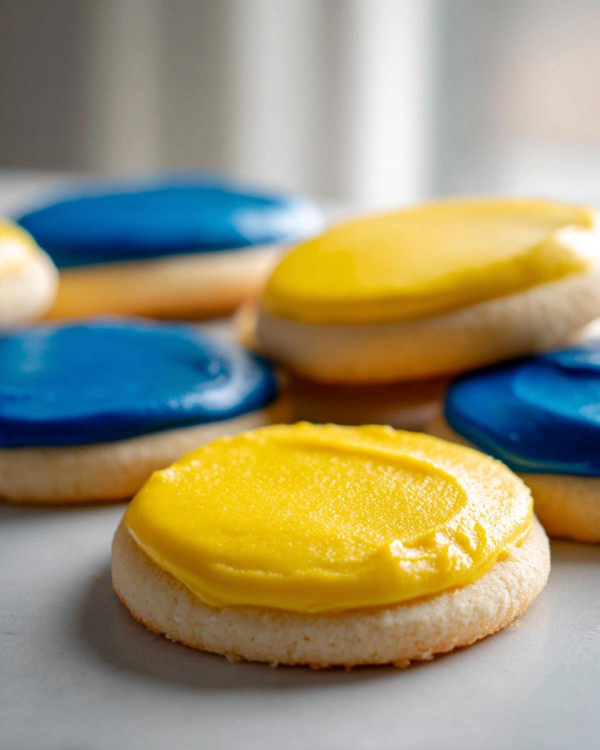 Close-up of sugar cookies topped with bright yellow and blue sugar cookie icing that hardens.