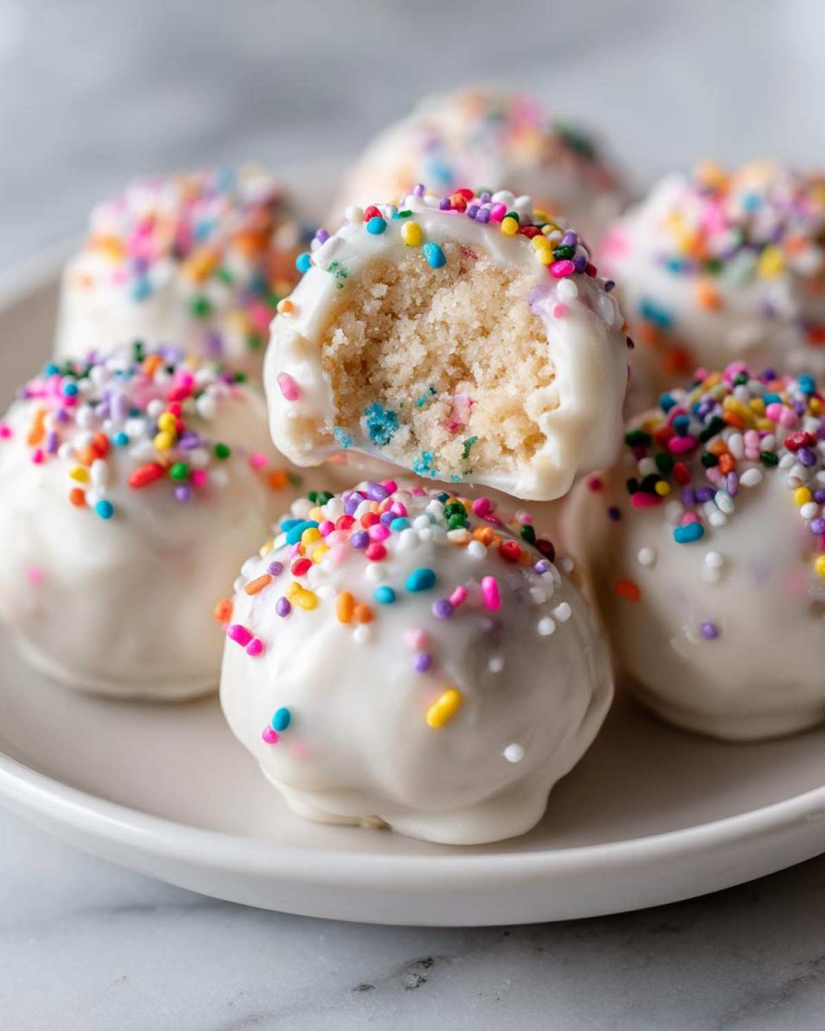 A stack of white chocolate-dipped sugar cookie truffles covered in rainbow sprinkles, one is bitten open.