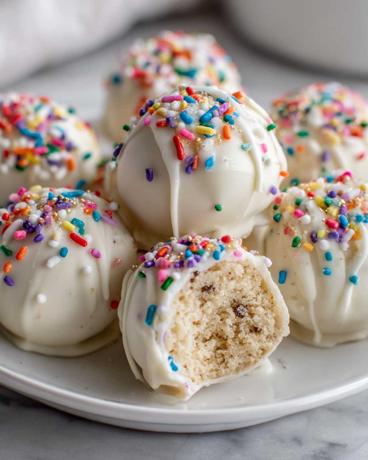 A plate of white chocolate sugar cookie truffles, one cut open to show the soft interior, decorated with colorful sprinkles.