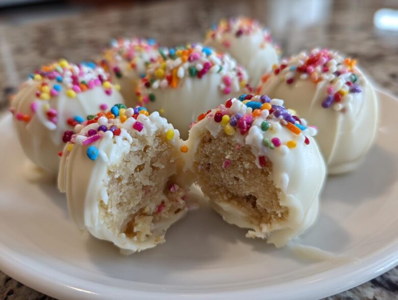 A close-up view of several white chocolate coated sugar cookie truffles, one of which is broken open to show the cookie dough center.