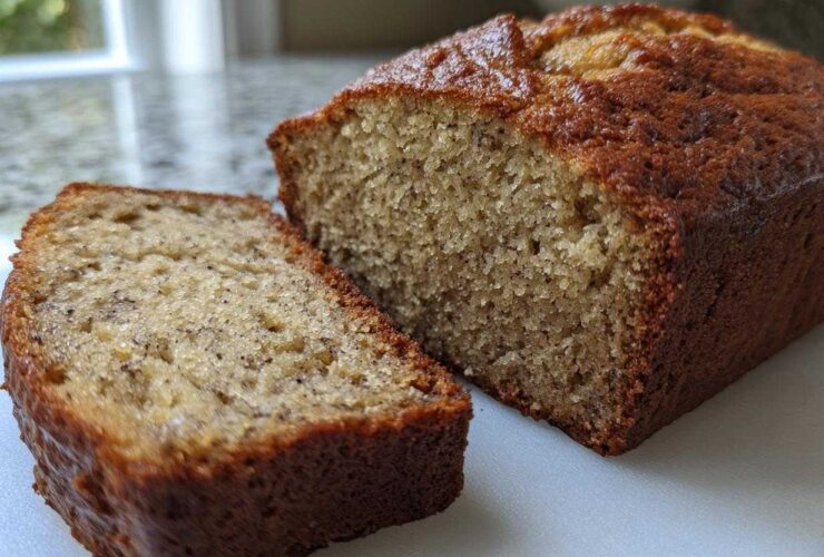 Close-up of a freshly baked loaf of sugar free banana bread, sliced to show the moist, speckled interior texture.