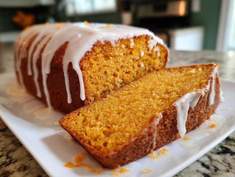 A slice cut from a loaf of moist sweet potato pound cake topped with a thick vanilla glaze.