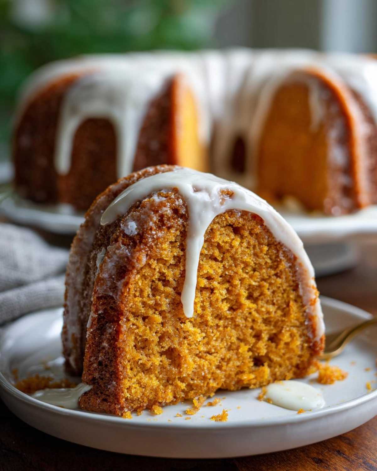 Close-up of a moist slice of sweet potato pound cake topped with thick white glaze dripping down the side.