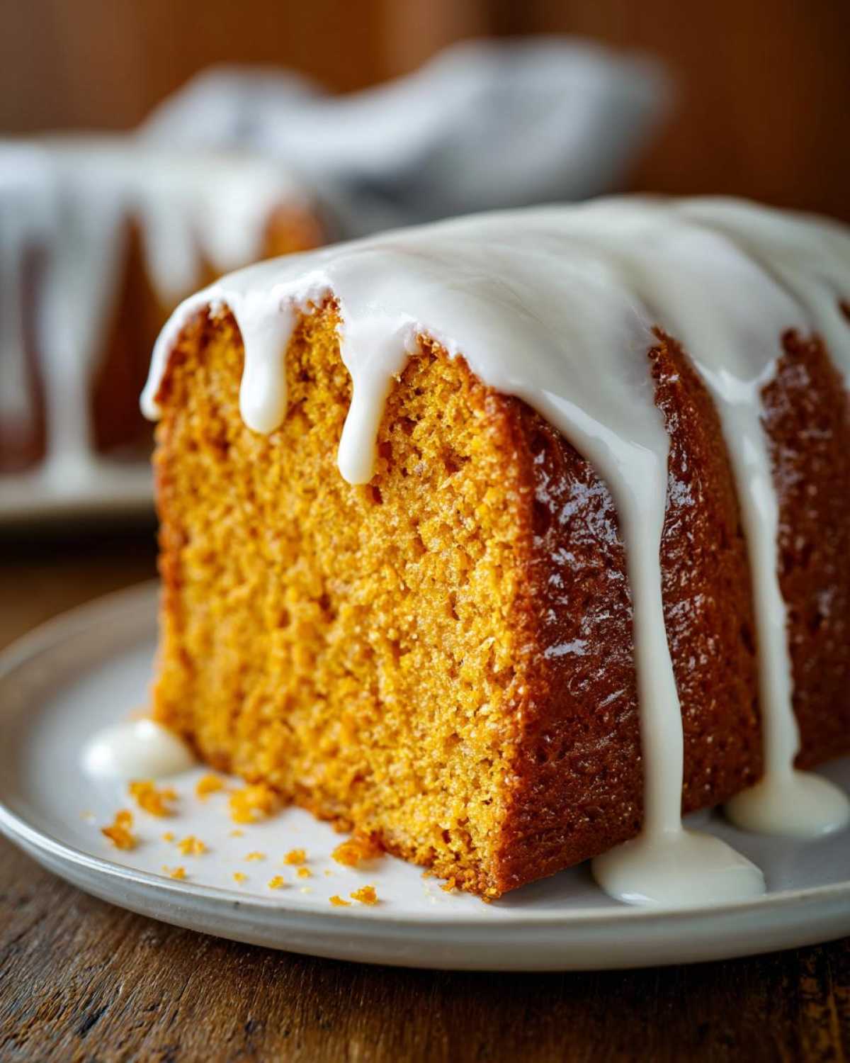 Close-up of a moist slice of orange sweet potato pound cake topped with thick white vanilla glaze dripping down the sides.