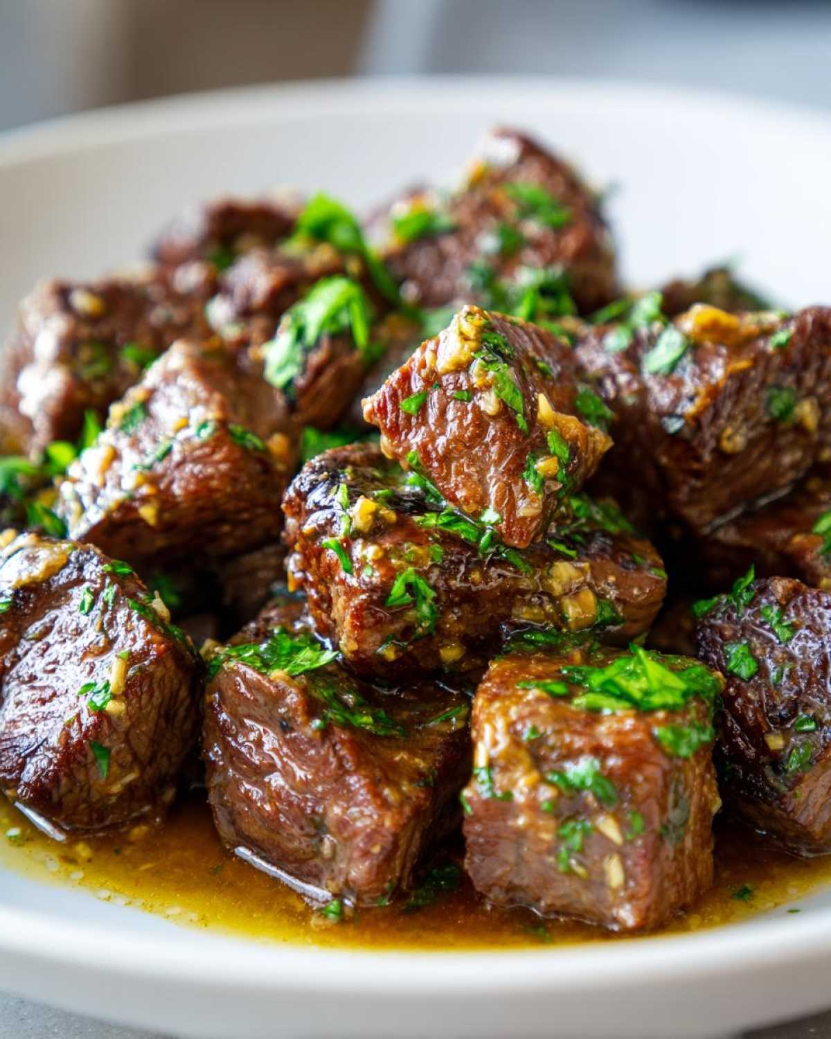Close-up of tender, cubed crockpot steak coated in a rich sauce and fresh parsley.