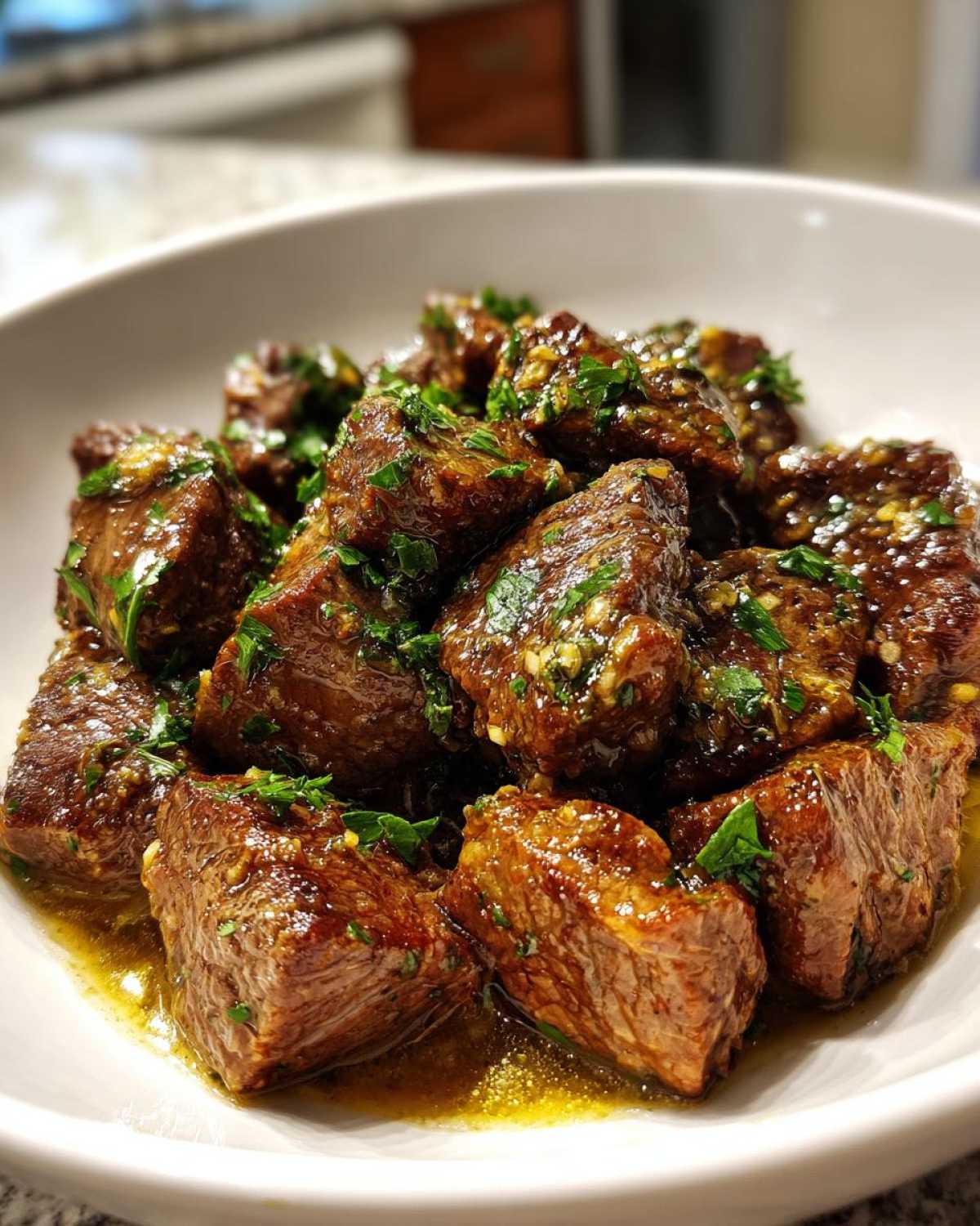 Close-up of tender crockpot steak bites coated in a savory, glossy sauce and garnished with fresh parsley.