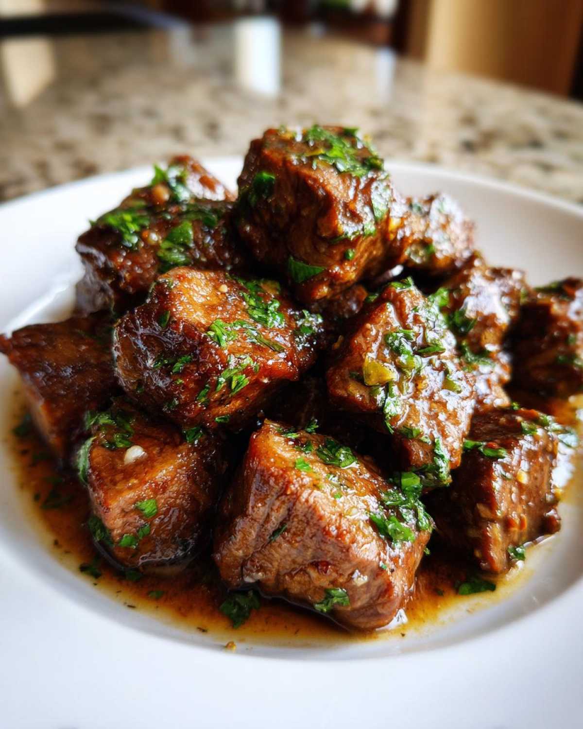 Close-up of tender crockpot steak cubes glazed in sauce and topped with fresh chopped parsley.