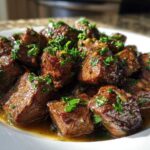 Close-up of tender, cubed crockpot steak pieces served in a rich sauce and topped with fresh chopped parsley.