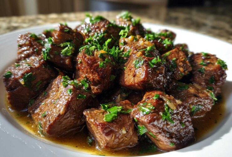 Close-up of tender, cubed crockpot steak pieces served in a rich sauce and topped with fresh chopped parsley.