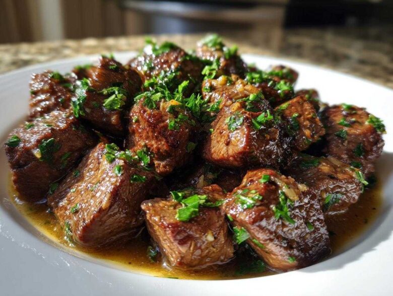 Close-up of tender, cubed crockpot steak pieces served in a rich sauce and topped with fresh chopped parsley.