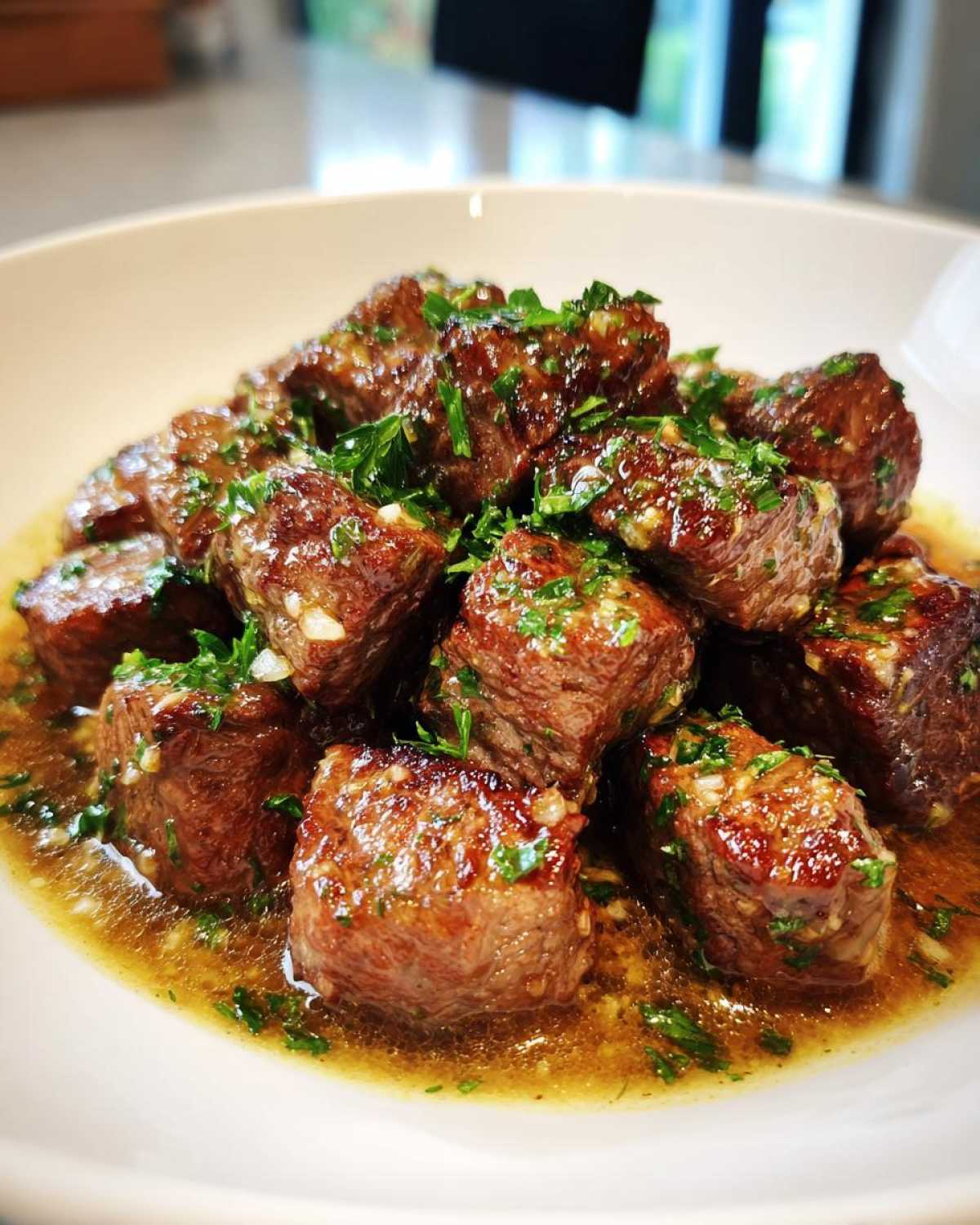 Close-up of tender, browned cubes of crockpot steak served in a rich garlic butter sauce and topped with fresh parsley.