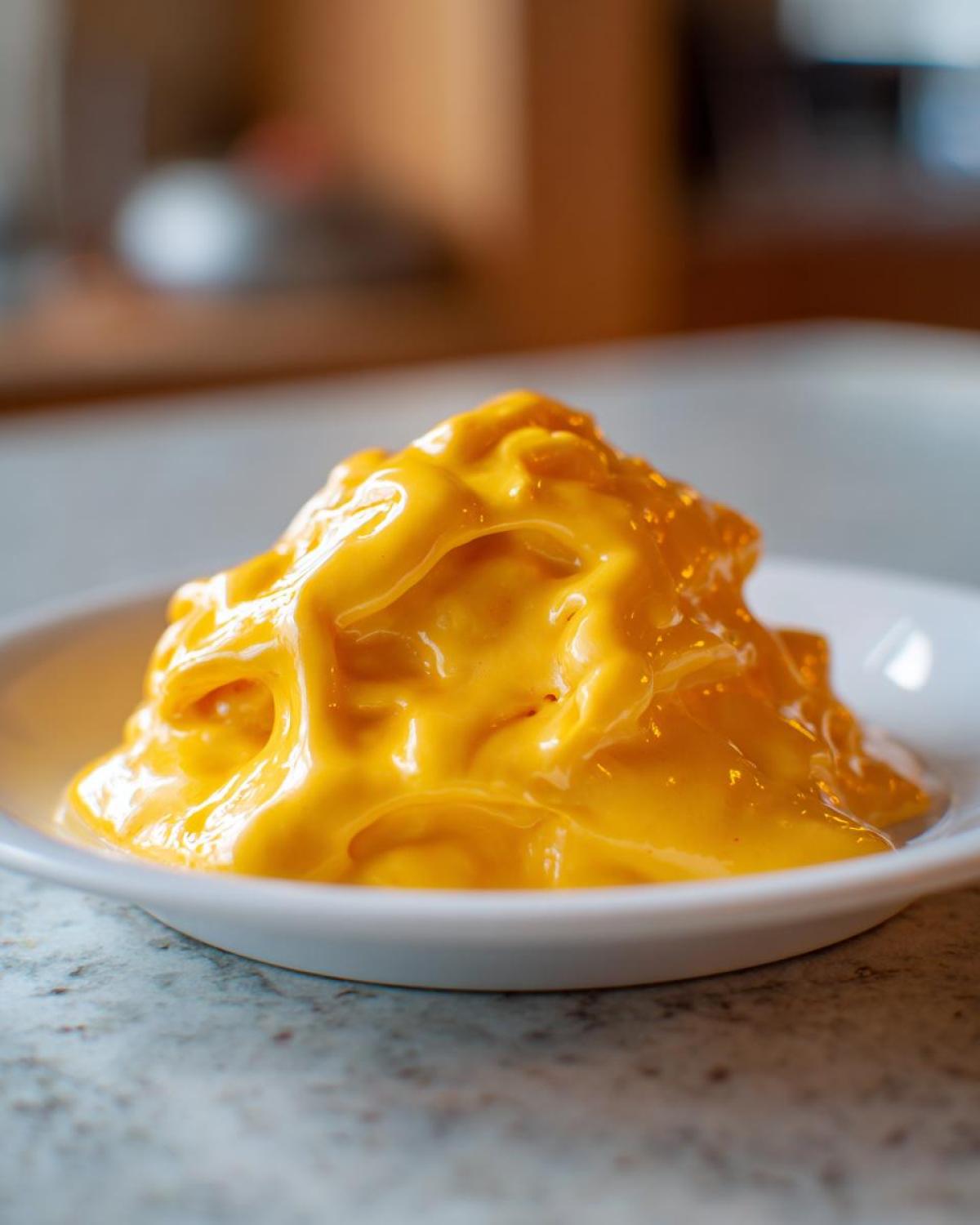 A close-up of a thick, bright orange mound of homemade nacho cheese sauce served in a small white bowl.