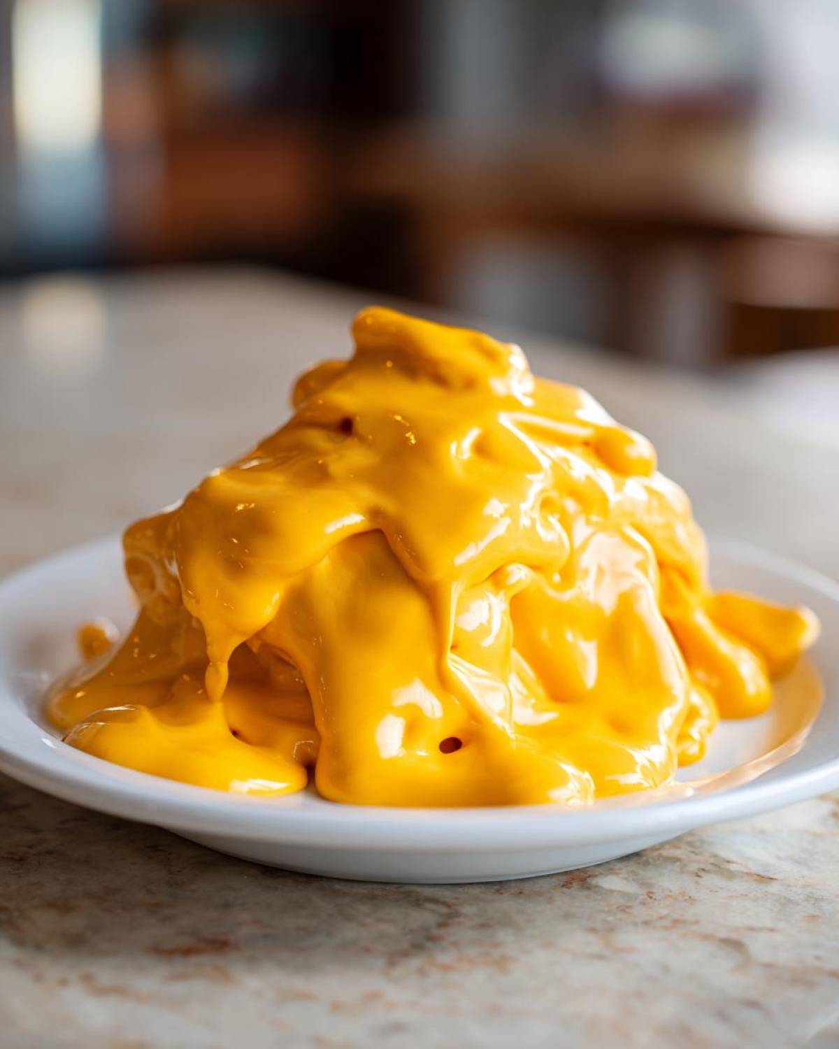 A mound of bright orange, thick nacho cheese sauce generously poured over an unseen base on a white plate.