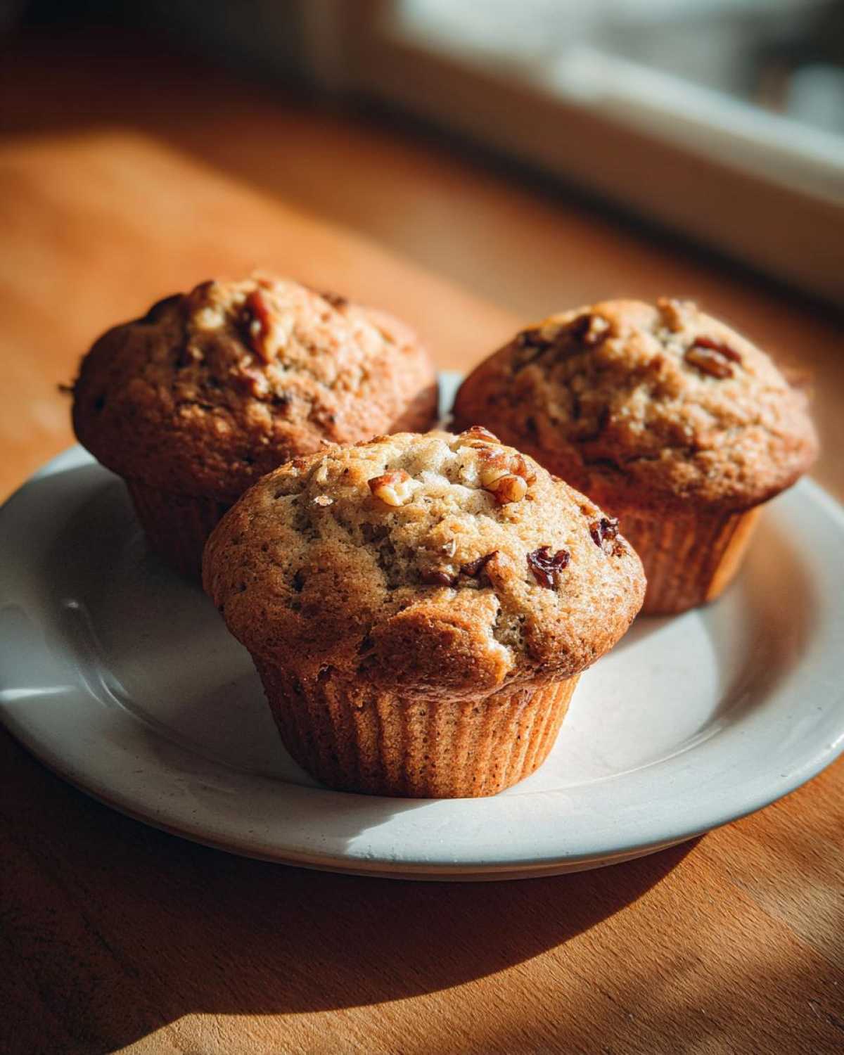 Three golden brown banana nut muffins topped with walnuts, sitting on a small white plate bathed in sunlight.
