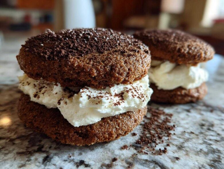 Two decadent tiramisu cookies filled with whipped cream and dusted with cocoa powder.