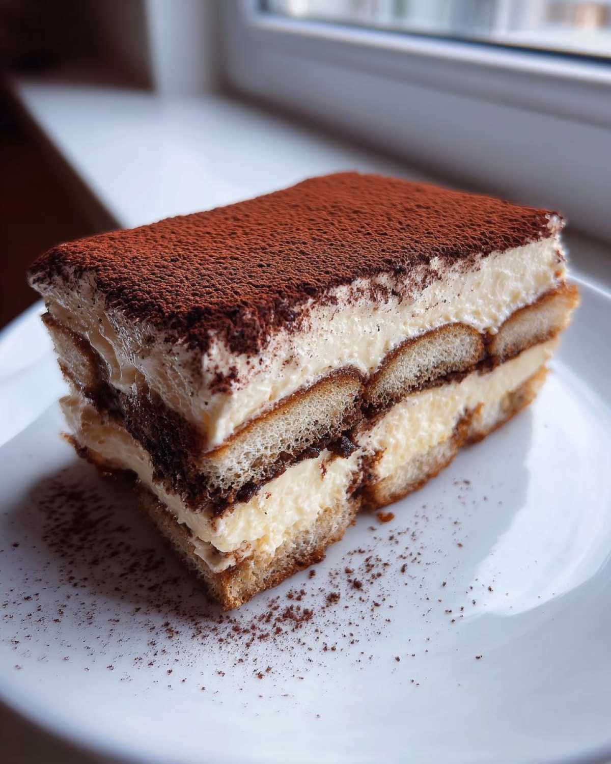 A rich, layered slice of tiramisu recipe dessert dusted heavily with cocoa powder on a white plate.