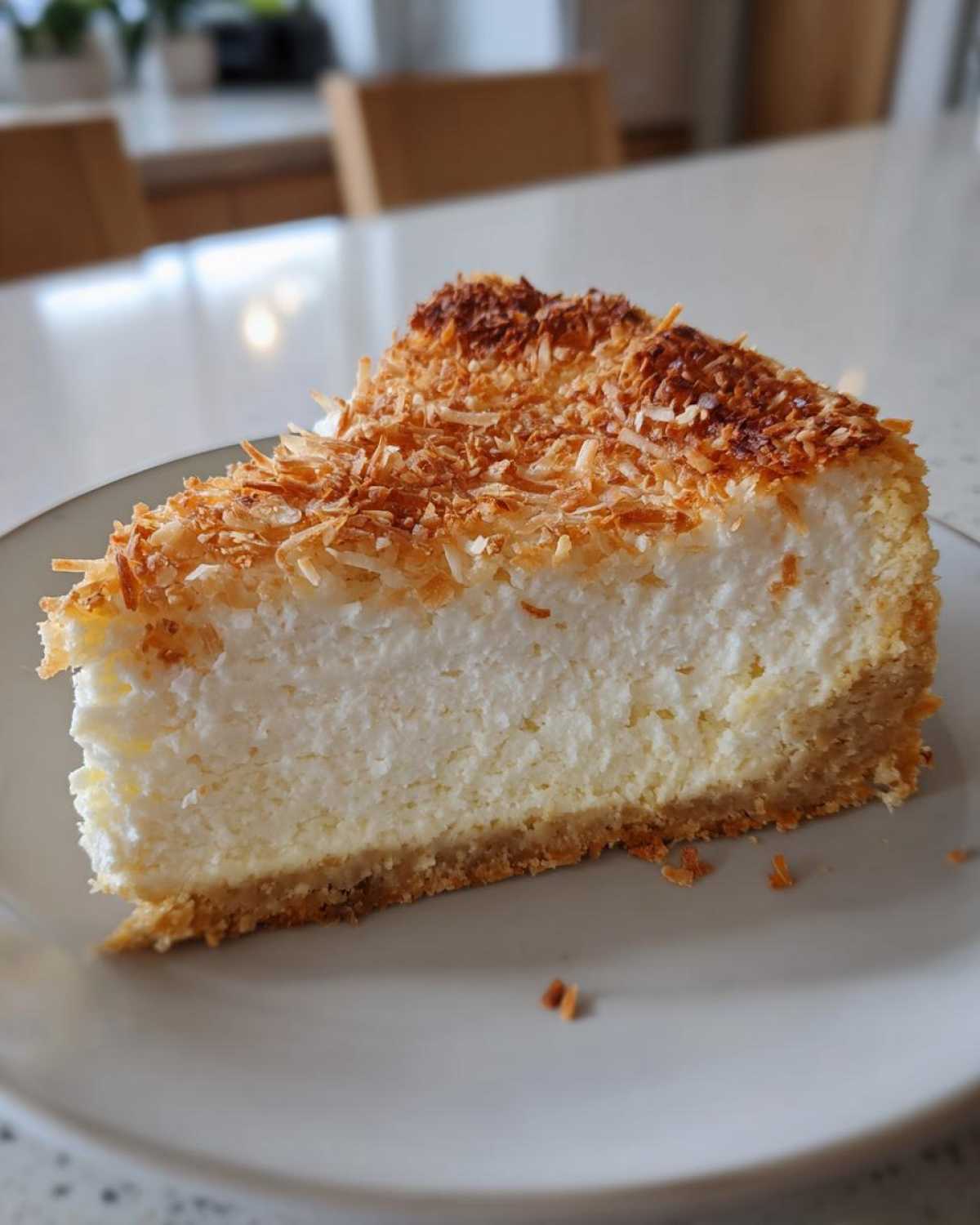 A thick slice of creamy Protein Cheesecake topped with golden toasted coconut flakes on a light gray plate.