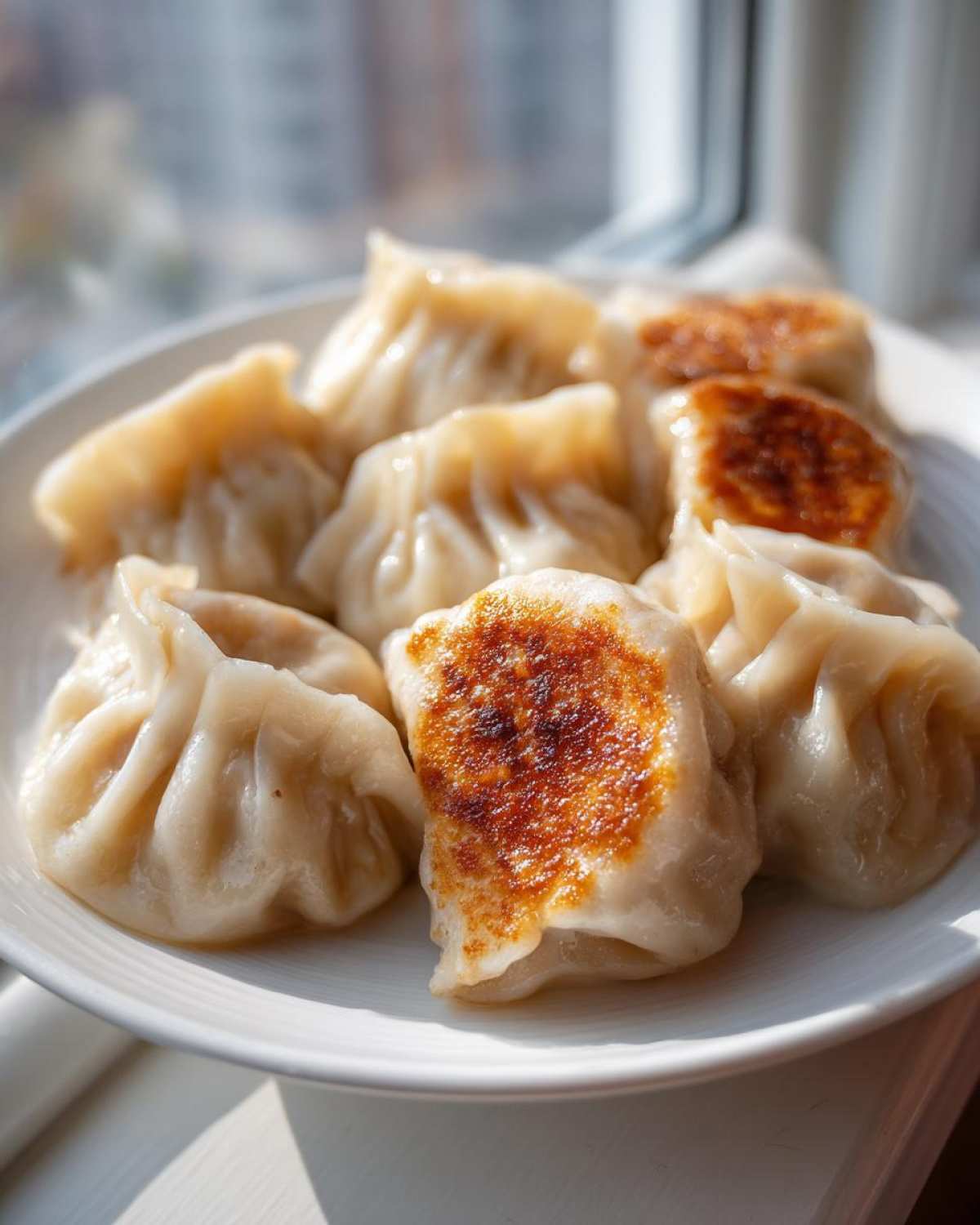 A plate of freshly cooked Traditional Chinese Dumplings, some steamed and some pan-fried to a golden brown crisp.