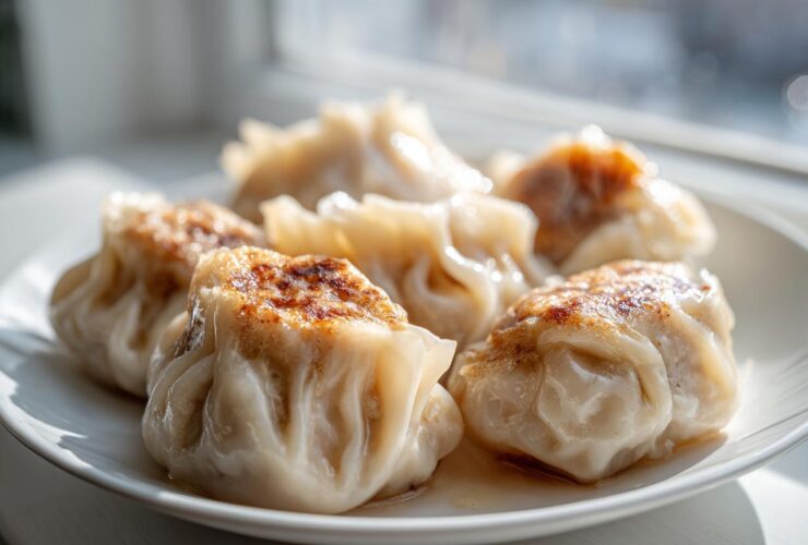 A close-up of several pan-fried Traditional Chinese Dumplings with golden-brown bottoms resting on a white plate.