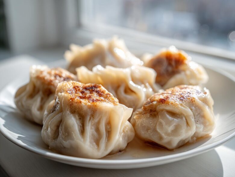 A close-up of several pan-fried Traditional Chinese Dumplings with golden-brown bottoms resting on a white plate.