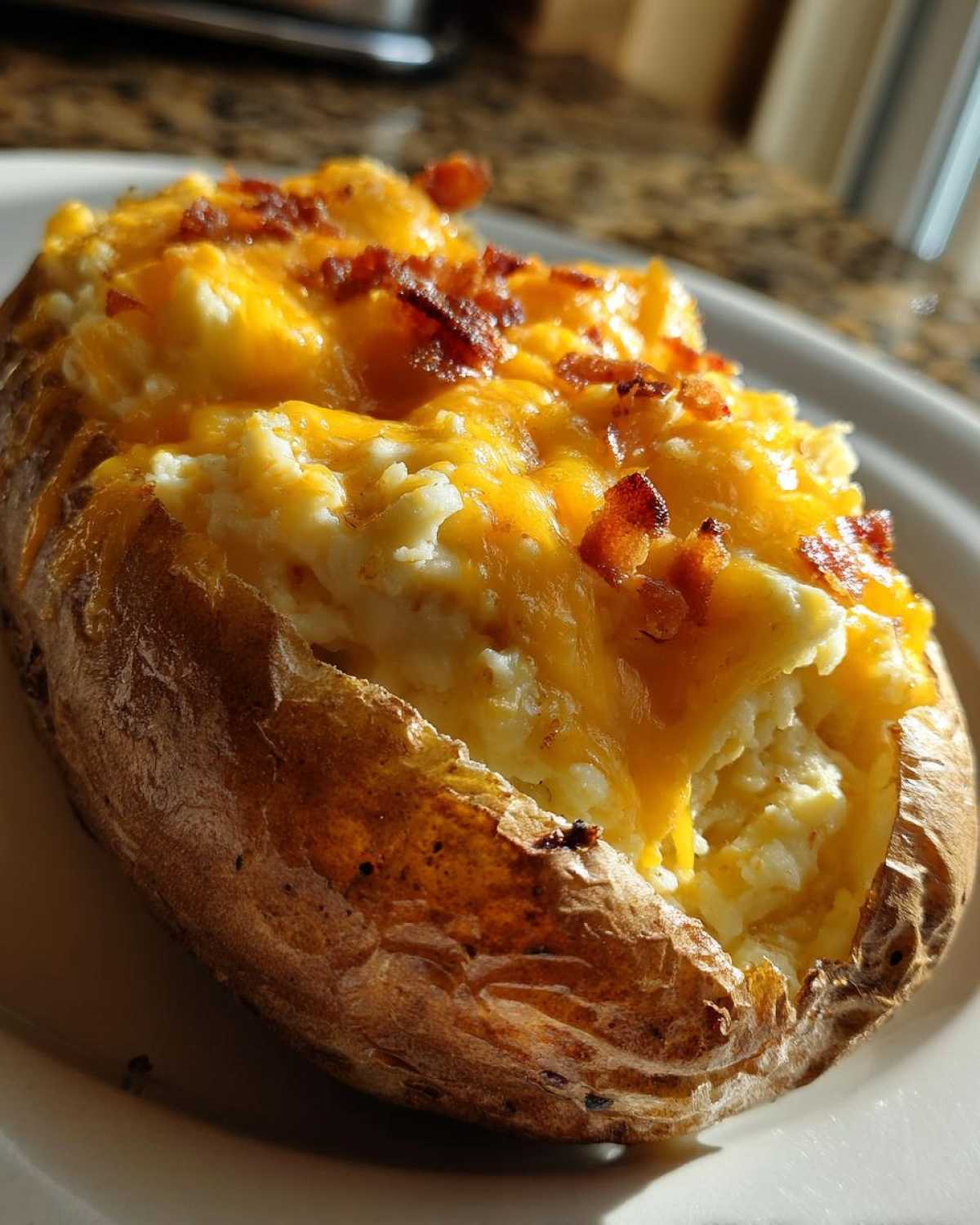 Close-up of a perfectly cooked twice baked potato stuffed with creamy filling, melted cheddar cheese, and bacon bits.