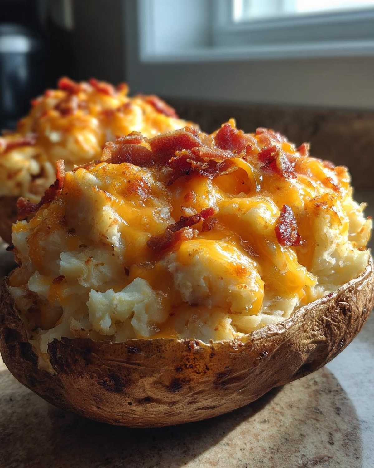 Close-up of a delicious twice baked potato stuffed with mashed potato, melted cheddar cheese, and bacon bits.
