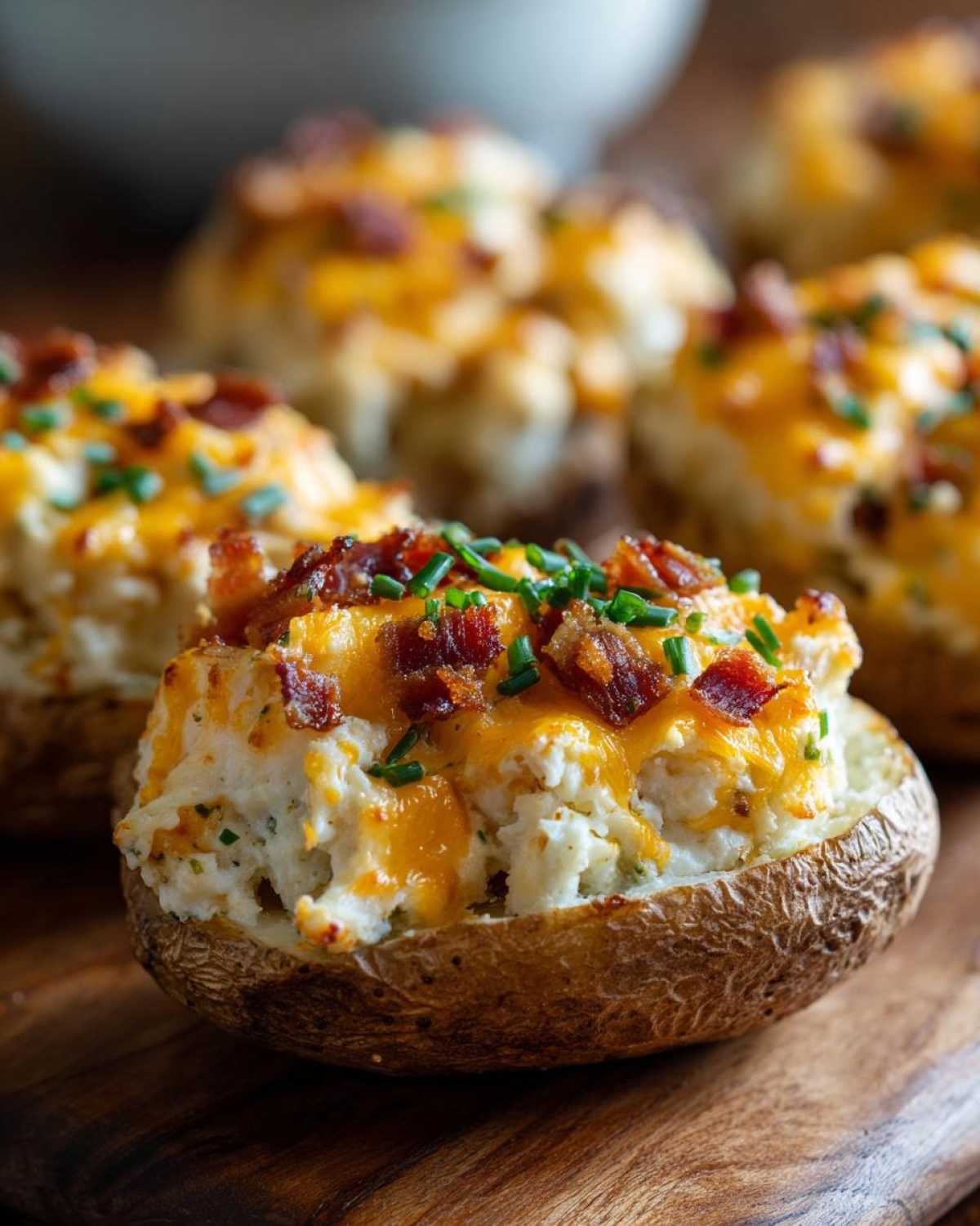 Close-up of a perfectly stuffed twice-baked potatoes topped with melted cheddar cheese, crispy bacon, and fresh chives.