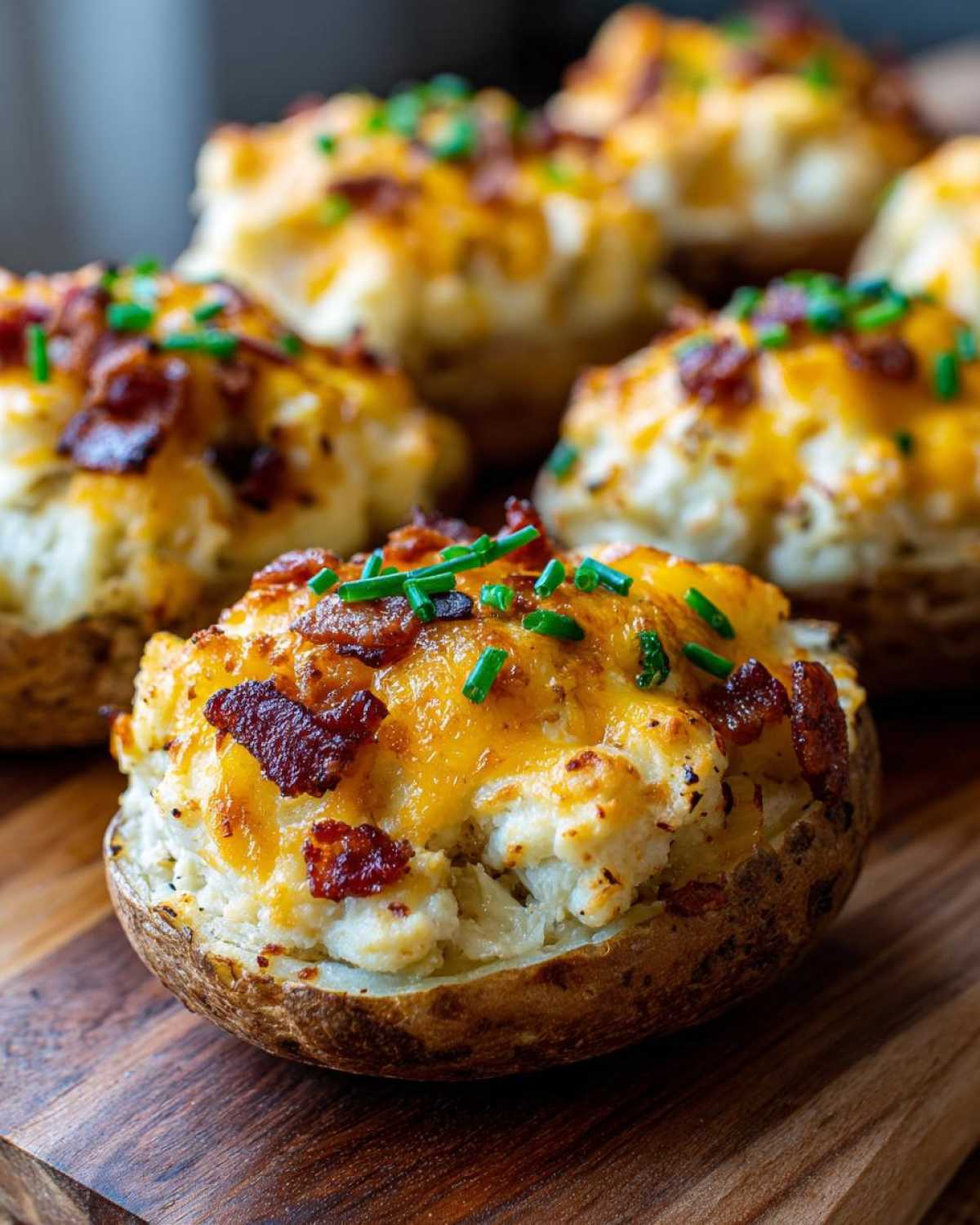 Close-up of a perfectly baked twice-baked potatoes topped with melted cheddar, bacon bits, and chives.