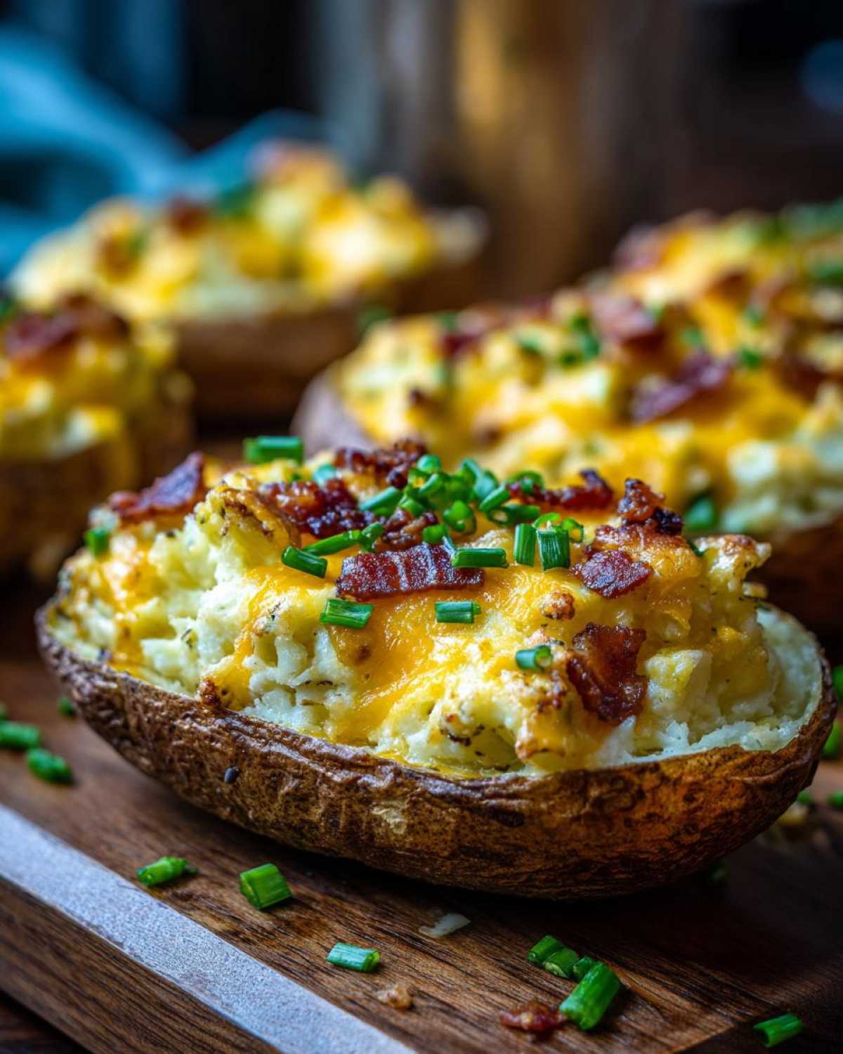 Close-up of a perfectly cooked twice-baked potato stuffed with creamy filling, melted cheddar, bacon bits, and chives.