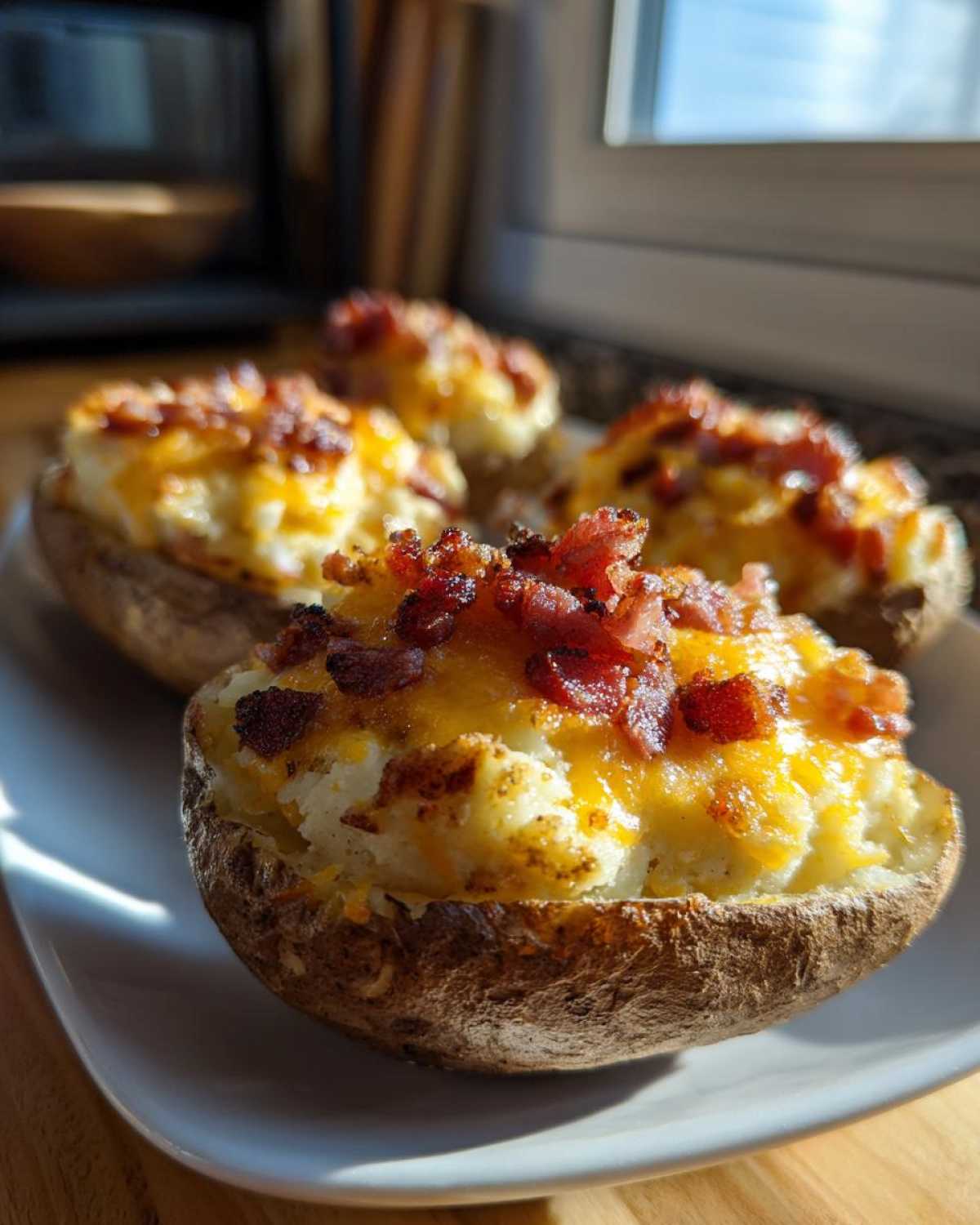 Four delicious twice baked potatoes stuffed with mashed potato filling, melted cheddar cheese, and crispy bacon bits.