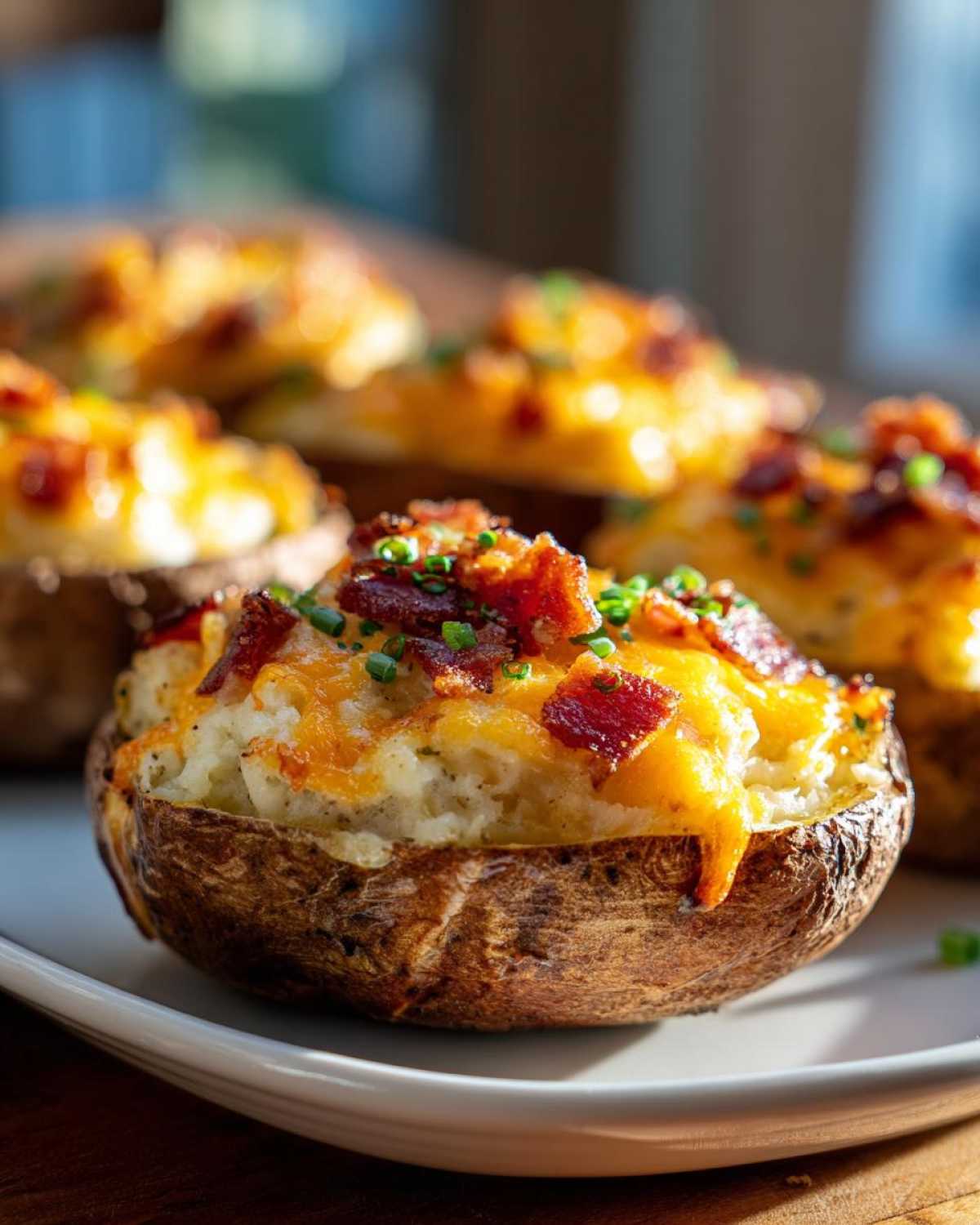 A close-up of one perfectly prepared twice baked potatoes, topped with melted cheddar cheese, crispy bacon bits, and chives.