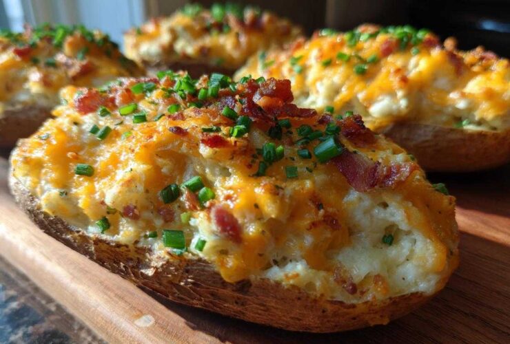 Close-up of a delicious twice-baked potato loaded with melted cheddar, bacon bits, and fresh chives.