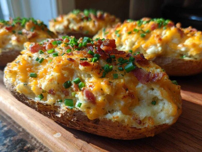 Close-up of a delicious twice-baked potato loaded with melted cheddar, bacon bits, and fresh chives.