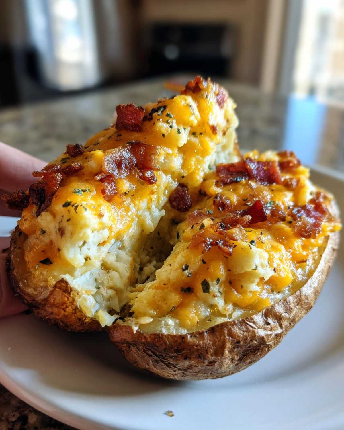 A close-up of a twice baked potatoes half, loaded with cheesy filling, melted cheddar, and crispy bacon bits.