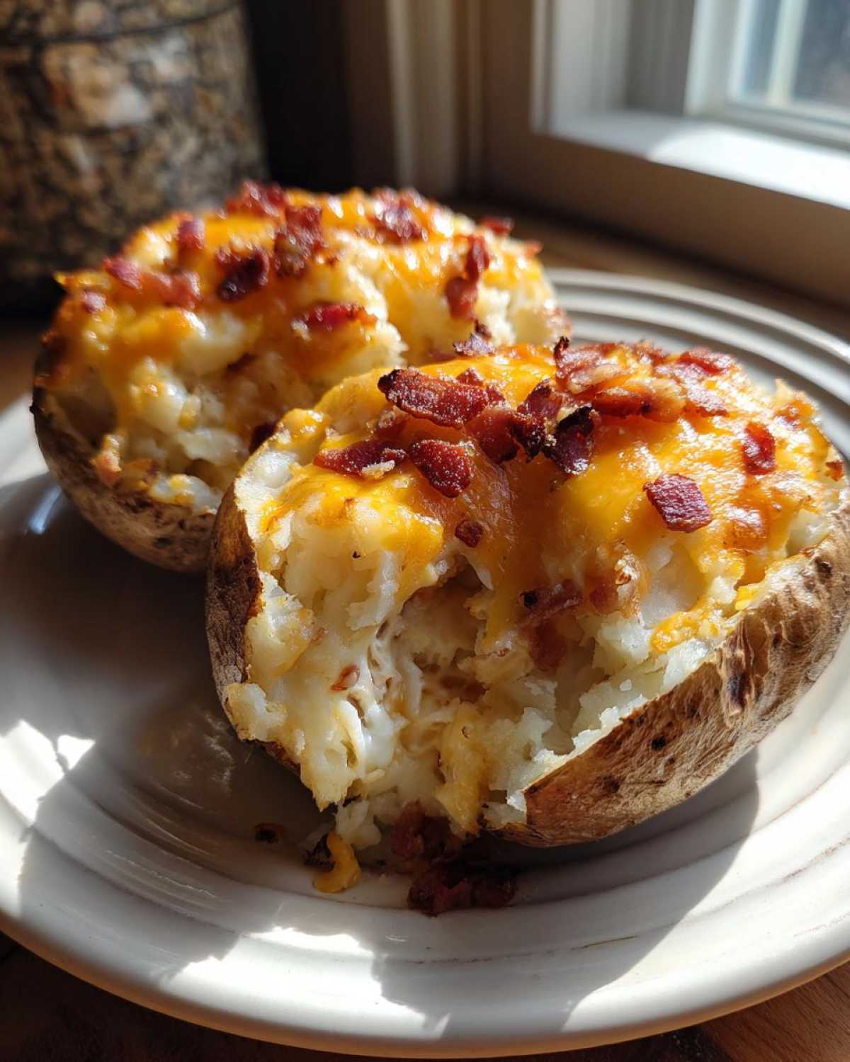 Two halves of delicious twice baked potatoes topped with melted cheddar cheese and crispy bacon bits, served on a white plate.
