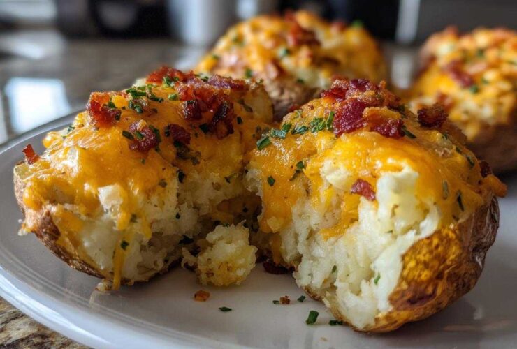 A close-up view of a twice baked potato split open, showing fluffy interior topped with melted cheddar cheese, bacon bits, and chives.