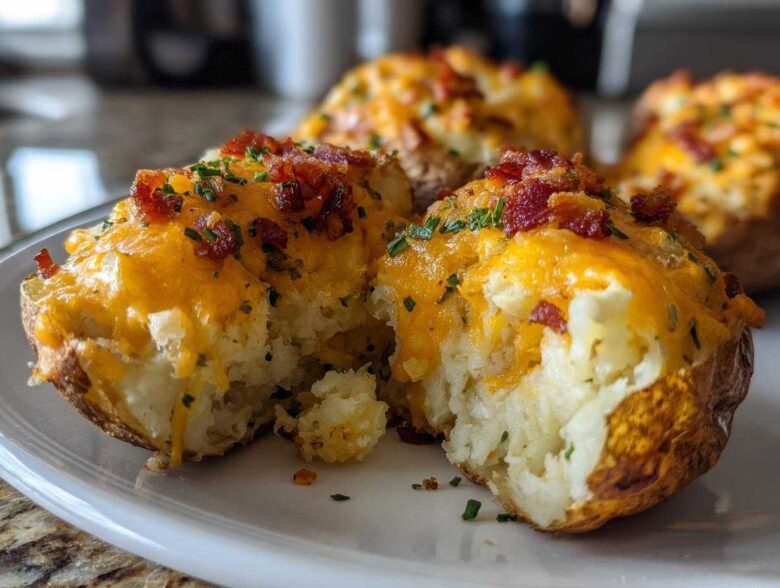 A close-up view of a twice baked potato split open, showing fluffy interior topped with melted cheddar cheese, bacon bits, and chives.