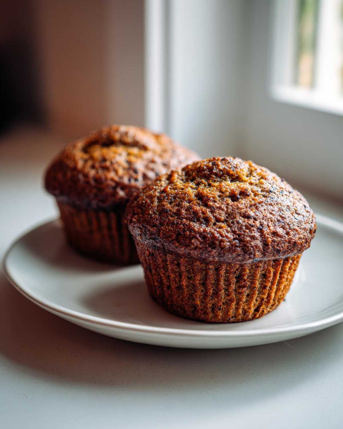 Two dark, textured honey bran muffins sitting on a light gray plate near a window.