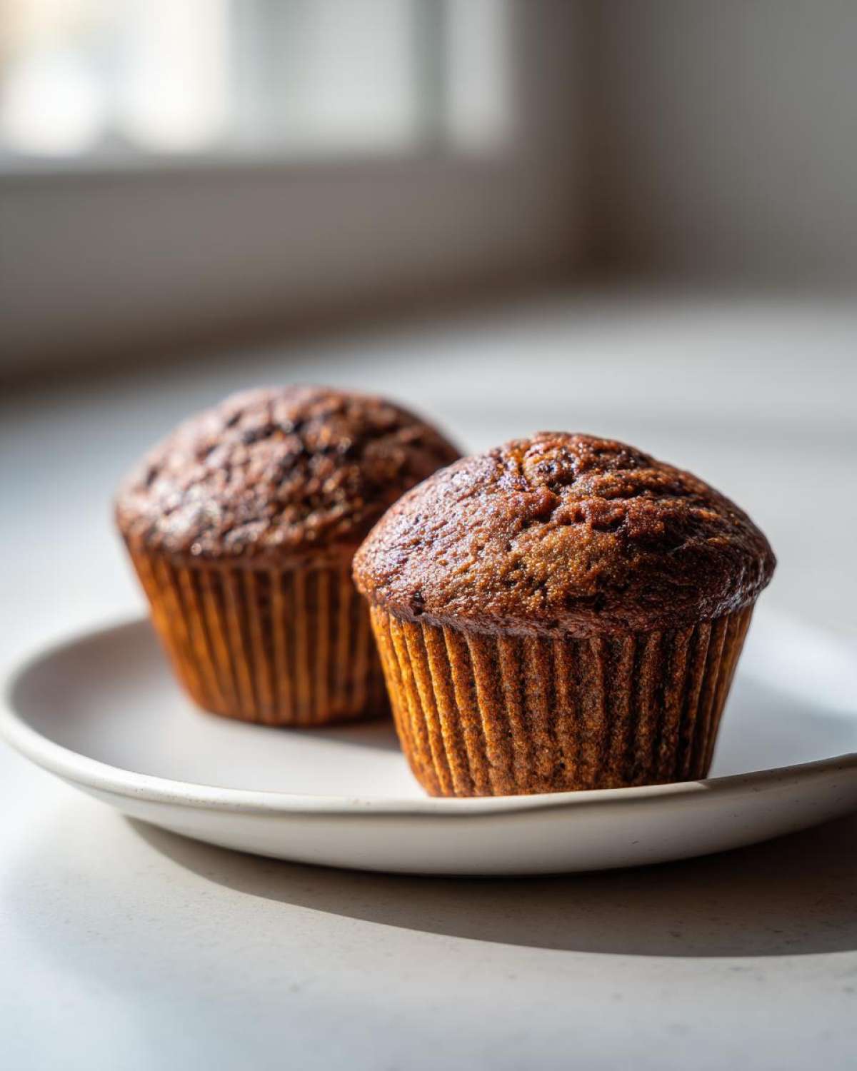Two perfectly baked, dark brown honey bran muffins sitting on a small white plate near a window.