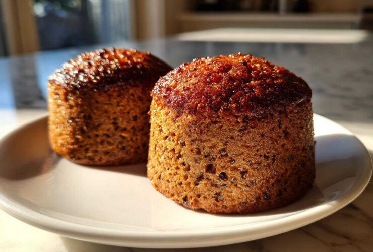 Two freshly baked honey bran muffins with a dark, caramelized top sitting on a white plate.