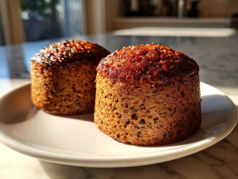 Two freshly baked honey bran muffins with a dark, caramelized top sitting on a white plate.