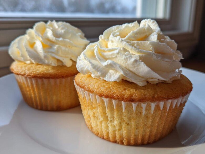 Two perfectly baked vanilla cupcakes topped with tall swirls of white cream frosting, sitting on a white plate.